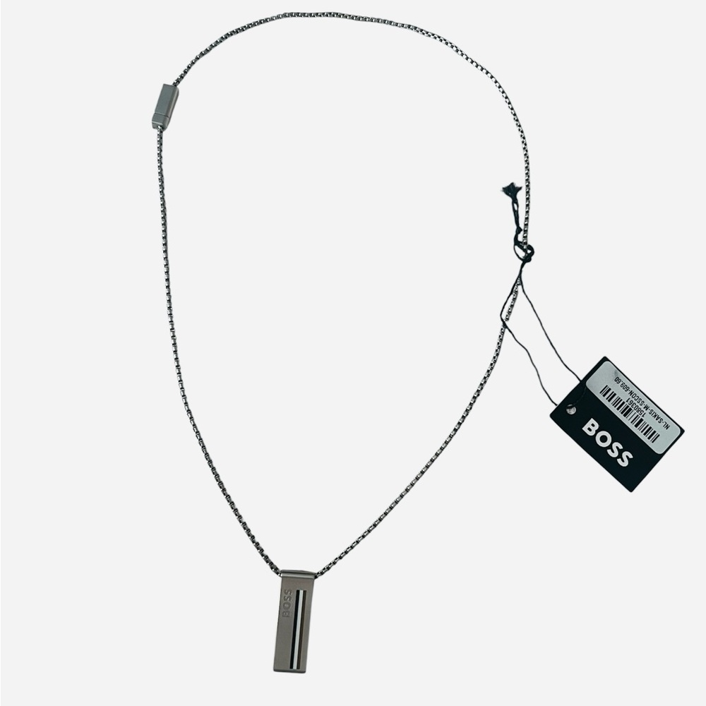 BOSS Gunmetal Rectangular Bar Pendant Necklace